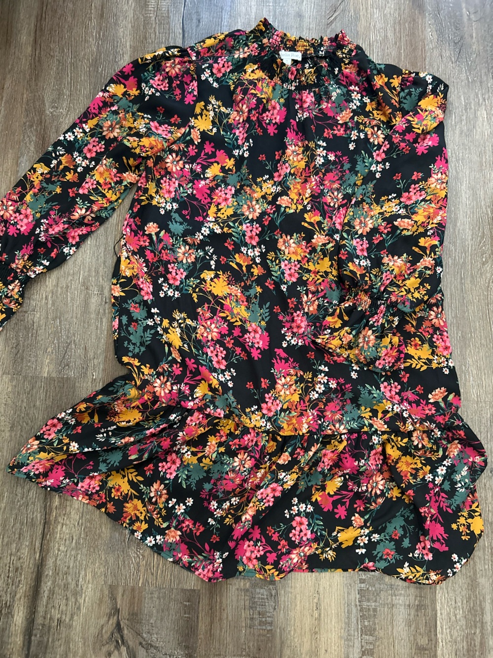 Floral Black V-Neck Blouse with Pink & Mustard Bouquet